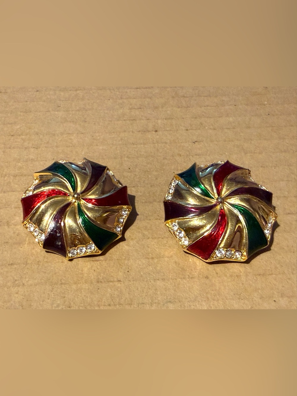 Vintage-Swan Swarovski Gold Swirl Clip-On Earrings with Red & Green Enamel